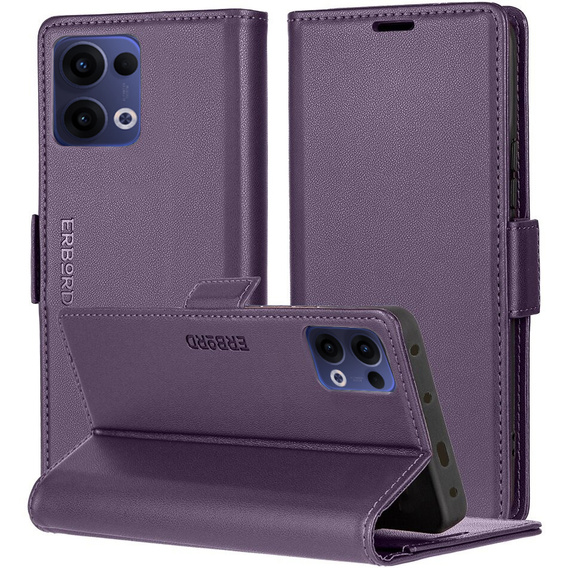 Tok Oppo Reno 13, ERBORD Glossy Litchi, pénztárca patenttal, lila