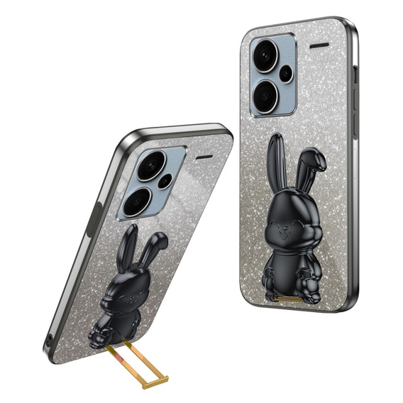 Tok Xiaomi Redmi Note 13 Pro+, Glitter Rabbit, kihúzható állvánnyal, fekete