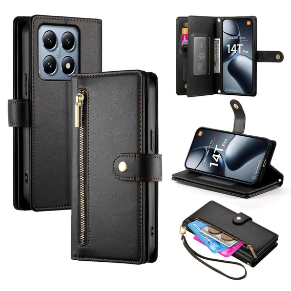 Pattintható tok a Xiaomi 14T Pro, Wallet Zipper Pocket, fekete