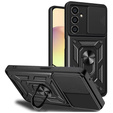 Páncélozott tok Samsung Galaxy A25, páncélozott Slide Ring, fekete + 9H üveg
