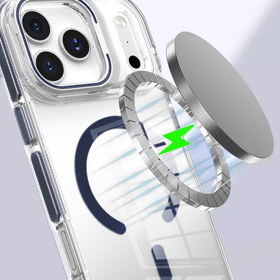 Tok iPhone 17 Pro Max készülékhez, MagSafe, állvánnyal, átlátszó, sötétkék betétekkel