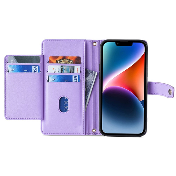 Pattintható tok a iPhone 15 Pro Max, Wallet Zipper Pocket, lila