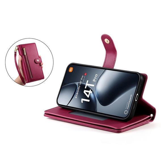 Pattintható tok a Xiaomi 14T Pro, Wallet Zipper Pocket, piros