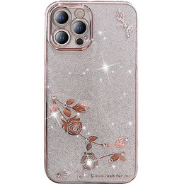 tok iPhone 12 Pro, csillogó virág, rózsaszín rose gold