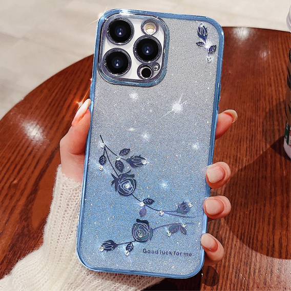 Tok iPhone 16 Pro Max, Glitter Flower, kék
