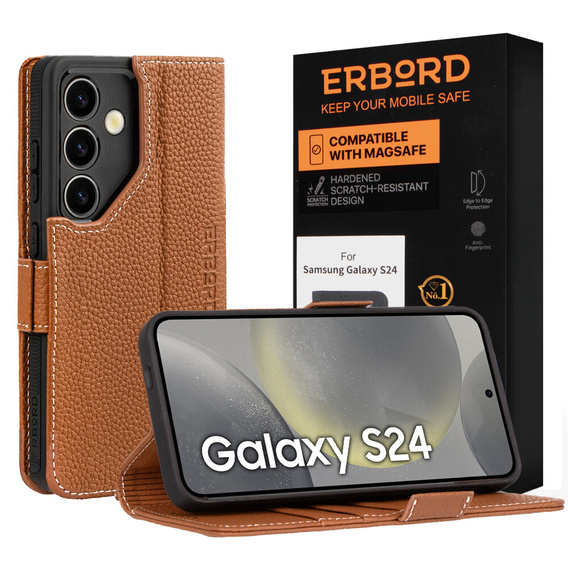Bőr tok Samsung Galaxy S24-hoz, ERBORD LeatherWallet, barna