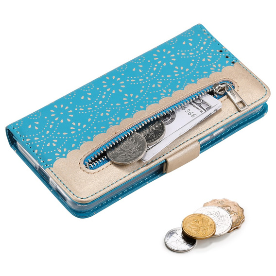 Flap tok Samsung Galaxy S22+ Plus 5G, Wallet Pocket Zipper Lace, kék
