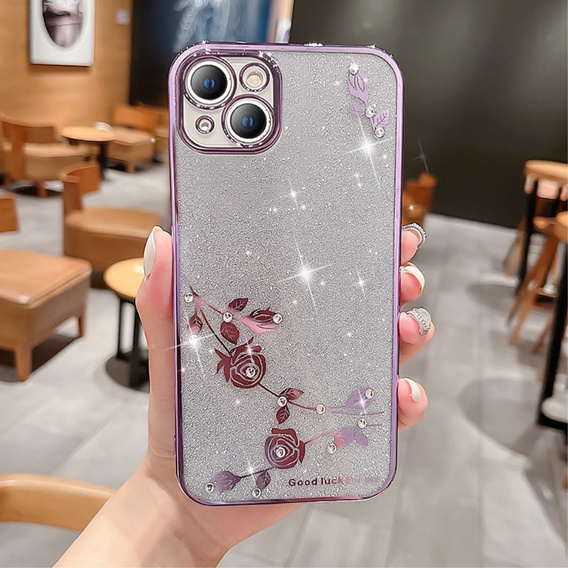 Tok iPhone 14 Plus, csillogó virág, lila