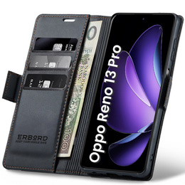 Tok Oppo Reno 13 Pro, ERBORD Glossy Litchi, pénztárca patenttal, fekete