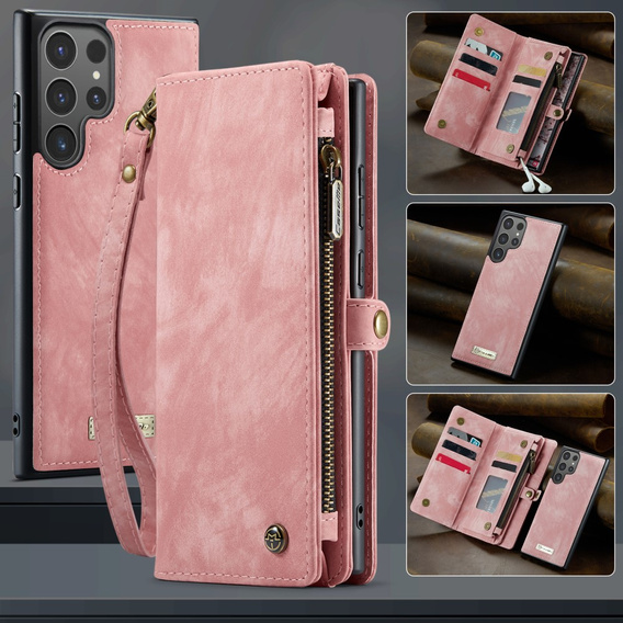 CASEME tok Samsung Galaxy S25 Ultra, Retro Leather Wallet, szíjjal, rózsaszín