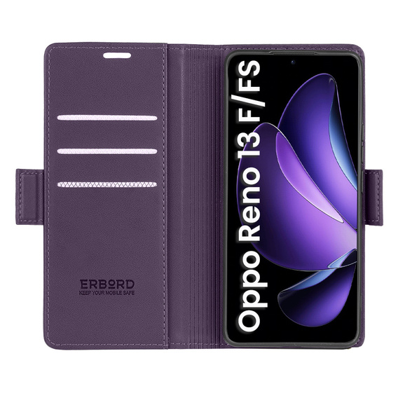 Tok Oppo Reno 13F / Oppo Reno 13FS, ERBORD Glossy Litchi, pénztárca patenttal, lila