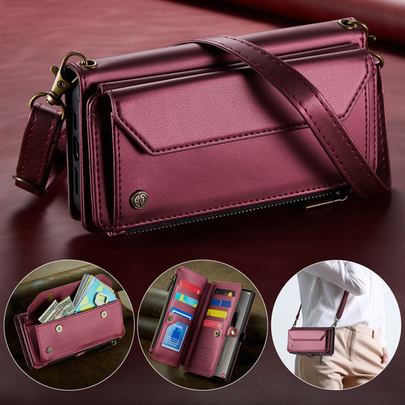 Tok CASEME Samsung Galaxy S25 Ultra, RFID Leather Wallet, vállpánttal, piros