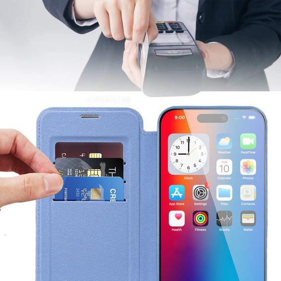 Pattintható tok a iPhone 16, RFID Wallet MagSafe CamShield, kék
