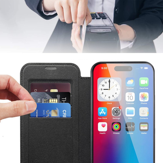Pattintható tok a iPhone 16, RFID Wallet MagSafe CamShield, fekete