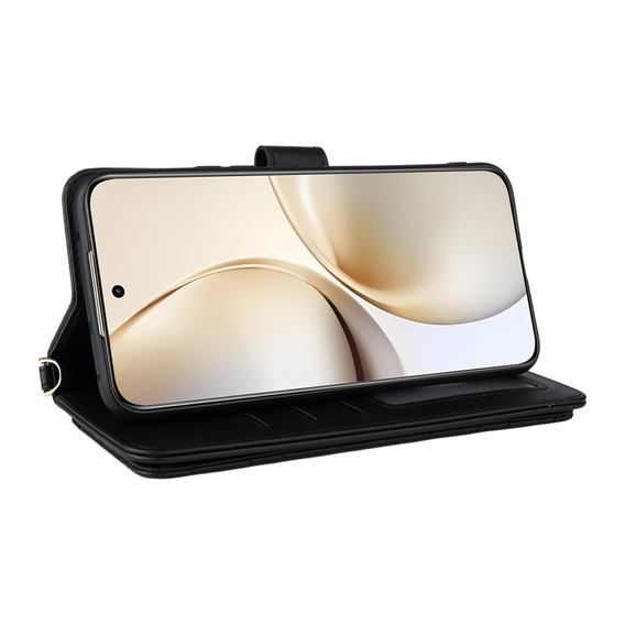 Tok patenttal a Realme 14 Pro+ 5G-hez, Crossbody Leather Wallet, fekete színű