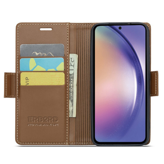 Tok Samsung Galaxy A55, ERBORD Glossy Litchi, pénztárca patenttal, barna