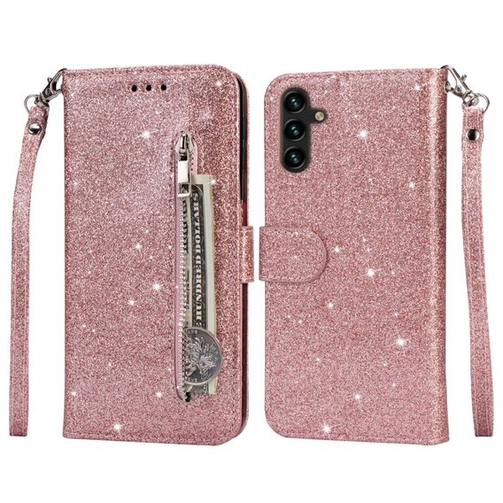 Pattintható tok a Samsung Galaxy A35 5G, Wallet Zipper Pocket Glittery, rózsaszín rose gold