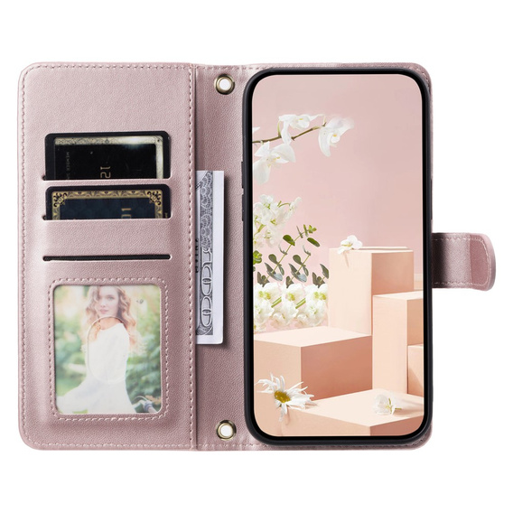 Flap tok iPhone 16 Plus, Rhombus Crossbody Leather, rózsaszín rose gold