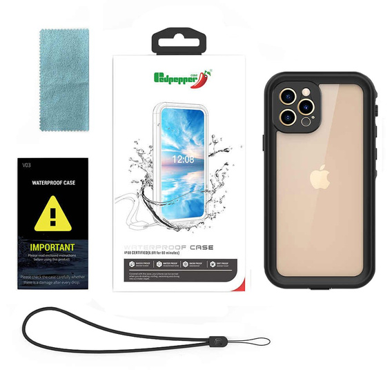 IP68 vízálló tok a iPhone 12 Pro, Redpepper, fekete