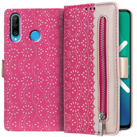 Flap tok Huawei P30 Lite, Wallet Pocket Zipper Lace, rózsaszín