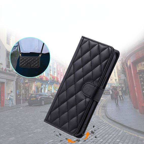 Flap tok iPhone 16 Plus, Rhombus Crossbody Leather, fekete