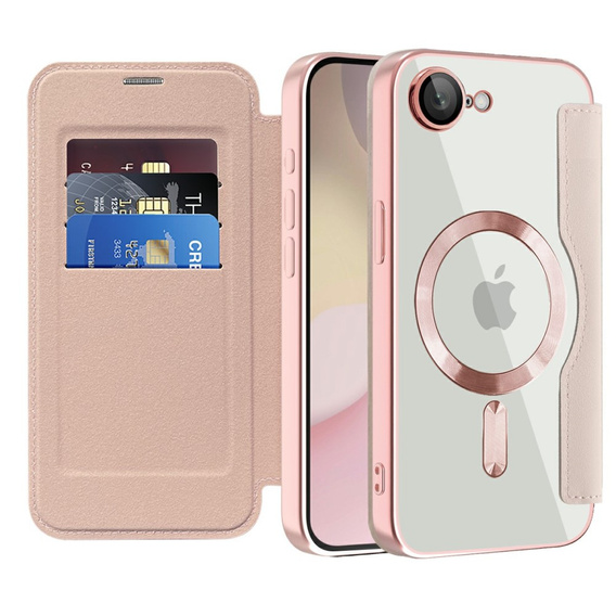 Pattintható tok a iPhone 16E, RFID Wallet MagSafe CamShield, rózsaszín