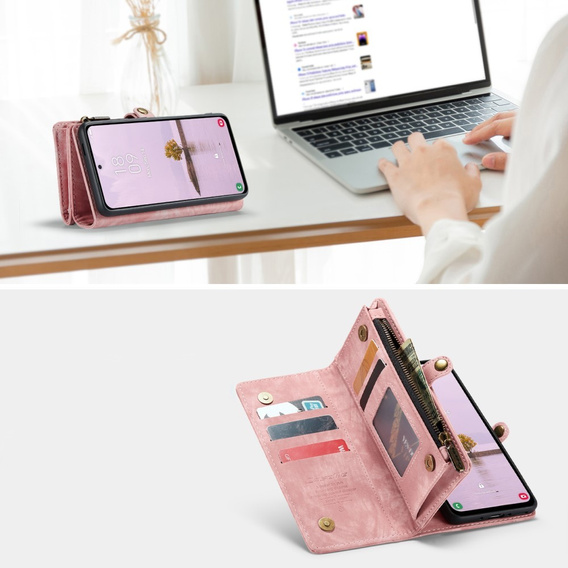 CASEME tok Samsung Galaxy A56 5G, Retro Leather Wallet, szíjjal, rózsaszín