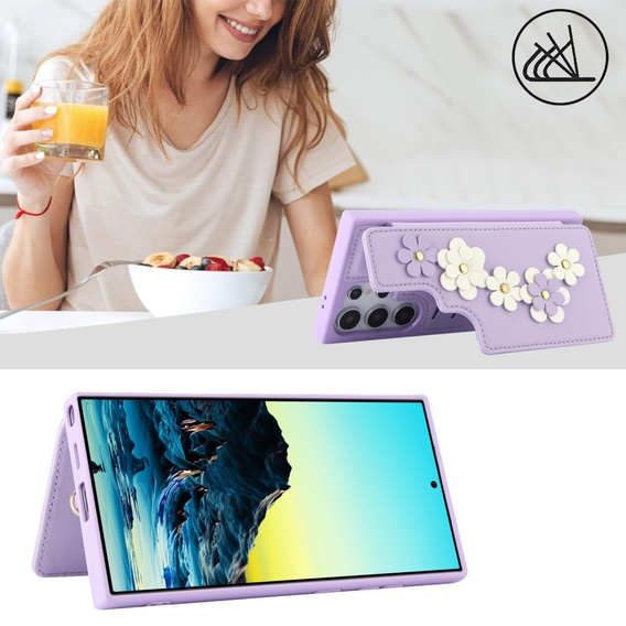 Tok Samsung Galaxy S24 Ultra, Leather Flower Card Slot, lila