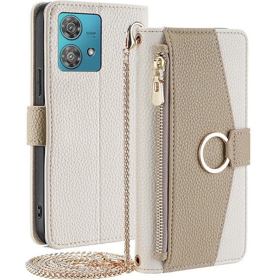 Flip tok Motorola Edge 40 Neo 5G, Wallet Zipper Pocket, tükörrel, fehér