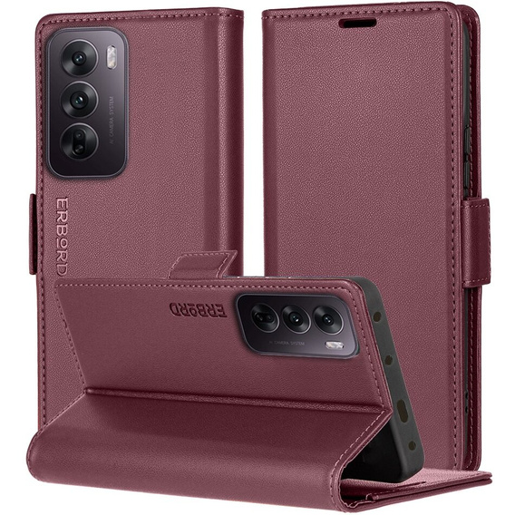 Tok Oppo Reno 12 Pro, ERBORD Glossy Litchi, pénztárca patenttal, piros