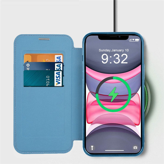 Pattintható tok a iPhone 15, RFID Wallet MagSafe CamShield, kék