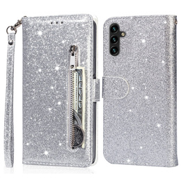 Pattintható tok a Samsung Galaxy A56 5G, Wallet Zipper Pocket Glittery, ezüst