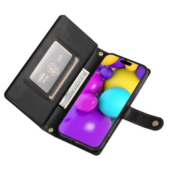 Pattintható tok a iPhone 16, Wallet Zipper Pocket, fekete