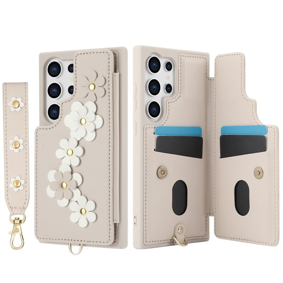 Tok Samsung Galaxy S24 Ultra, Leather Flower Card Slot, bézs színű