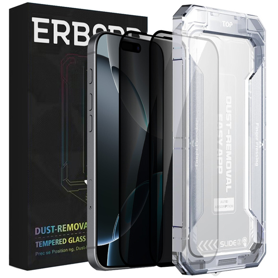 2x edzett adatvédelmi üveg az iPhone 17 Pro/17/16 Pro-hoz, ERBORD 9H Easy App Anti-Peep