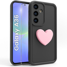 Tok Samsung Galaxy A36, Silicone Heart, fekete + 9H edzett