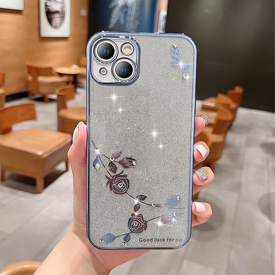 tok iPhone 14, csillogó virág, kék