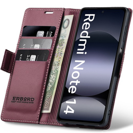 Tok Xiaomi Redmi Note 14 5G, ERBORD Glossy Litchi, pénztárca patenttal, piros