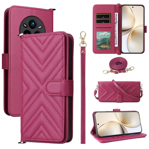 Tok patenttal a Realme 14 Pro+ 5G-hez, Crossbody Leather Wallet, sötétrózsaszín