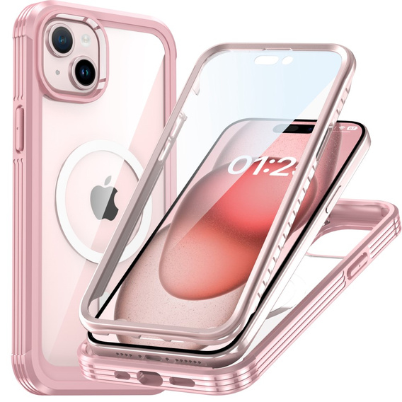 Tok iPhone 15 Plus, páncélozott teljes védelem 360° MagSafe, képernyőüveg, rózsaszín rose gold