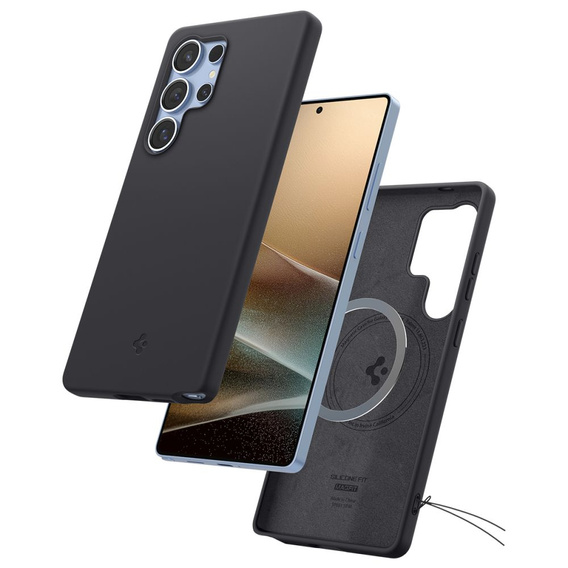Spigen tok Samsung Galaxy S25 Ultra, Silicone Fit Mag, fekete + edzett üveg