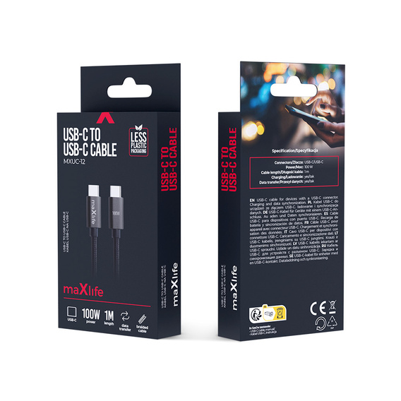 Maxlife kábel MXUC-12 USB-C - USB-C 1.0 m 100W, fekete