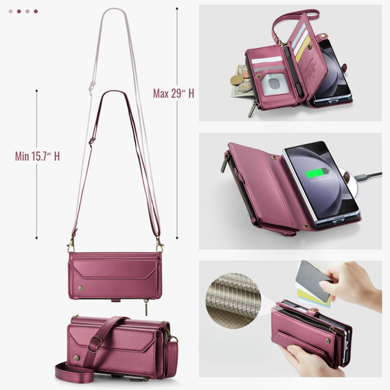 Tok CASEME Samsung Galaxy Z Fold6 5G, RFID Leather Wallet, vállpánttal, piros