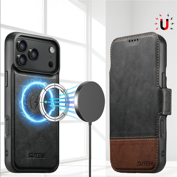2 az 1-ben flip tok iPhone 17 Pro Max készülékhez, SUTENI, MagSafe-hoz, fekete