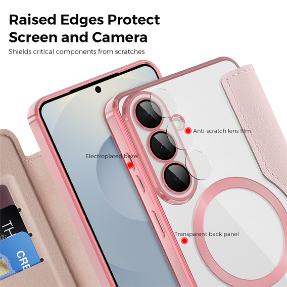 RFID pénztárca MagSafe flip tok kameravédelemmel Samsung Galaxy S26 készülékekhez, rózsaszín