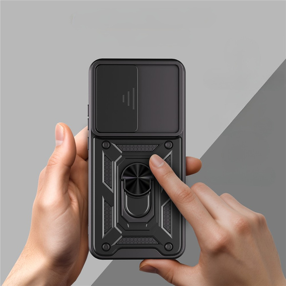 Páncélozott tok Oppo Reno 14 készülékhez, kameravédelemmel, állvánnyal, fekete