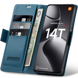 Tok Xiaomi 14T Pro, ERBORD Glossy Litchi, pénztárca patenttal, kék