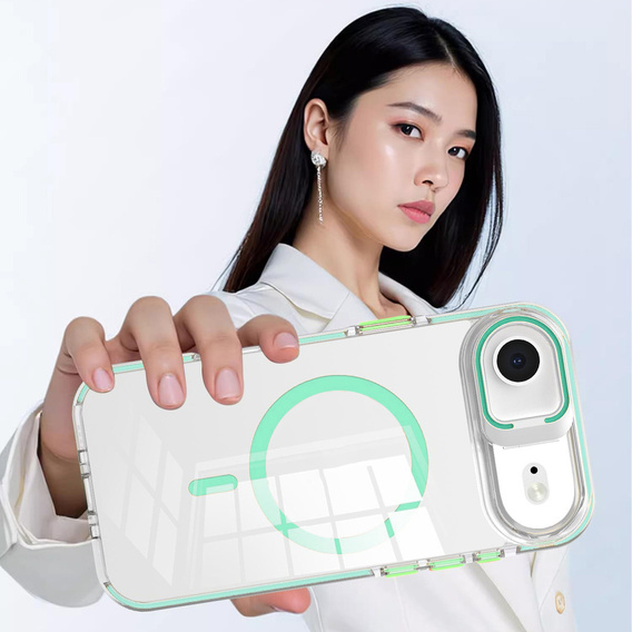 Tok iPhone Air készülékhez, MagSafe, állvánnyal, átlátszó, zöld betétekkel