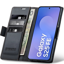 Tok Samsung Galaxy S25 FE, ERBORD Glossy Litchi, pénztárca patenttal, fekete