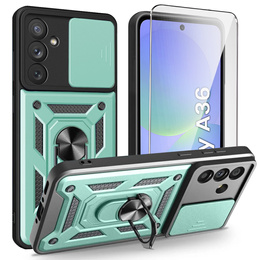 Páncélozott tok Samsung Galaxy A36, CamShield Slide, zöld + edzett üveg 9H